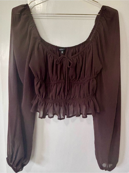 Dynamite Tops - Dynamite| Feminine Brown Smocked Sheer Crop Peasant Blouse Sz S